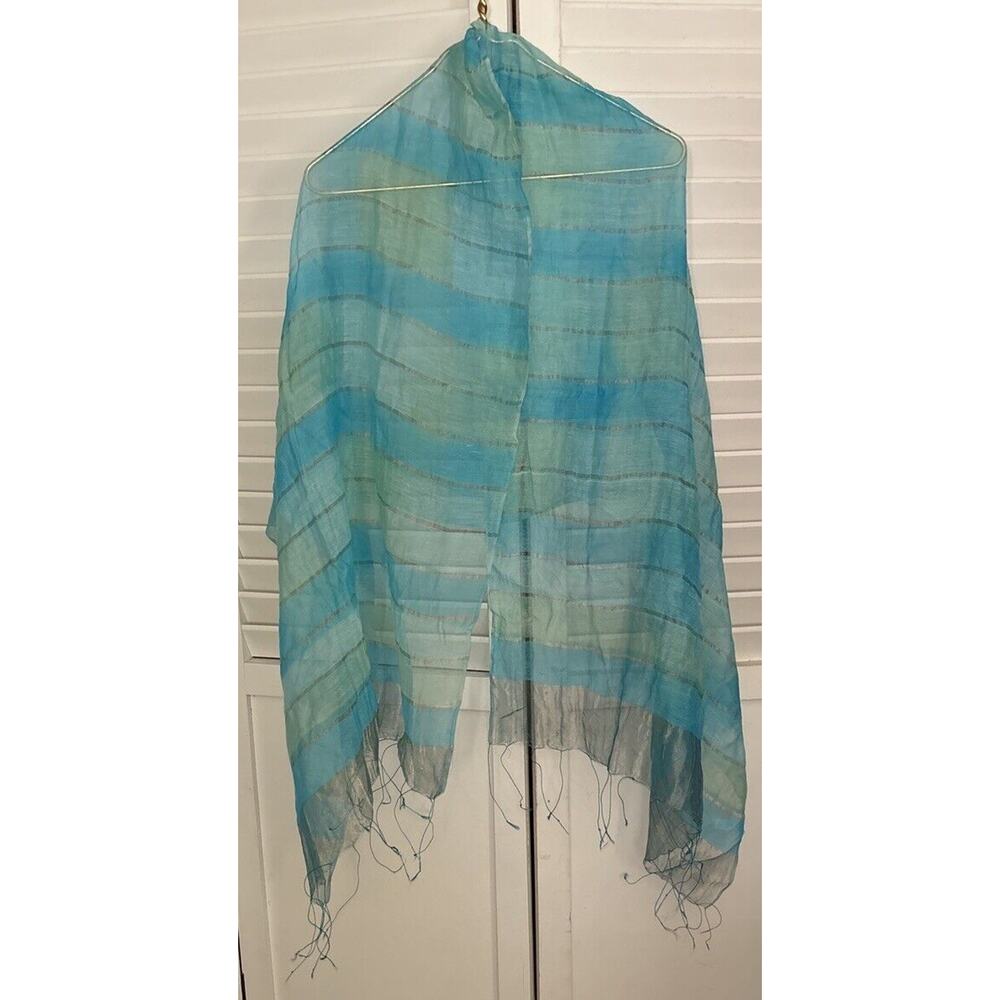 100% Silk Scarf Blue Striped Long Rectangular India
